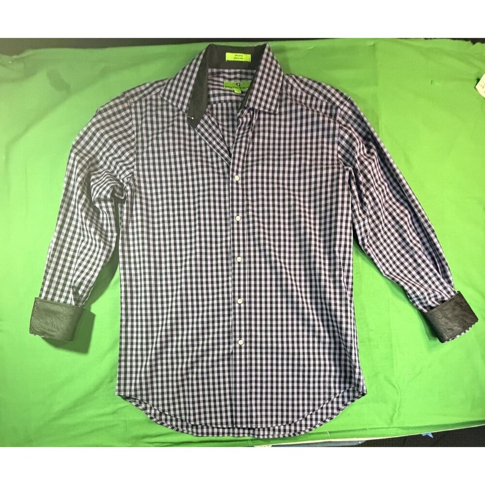 Bristol & Bull Men’s Plaid Shirt Black White Long Sleeve Flip Cuff Size L